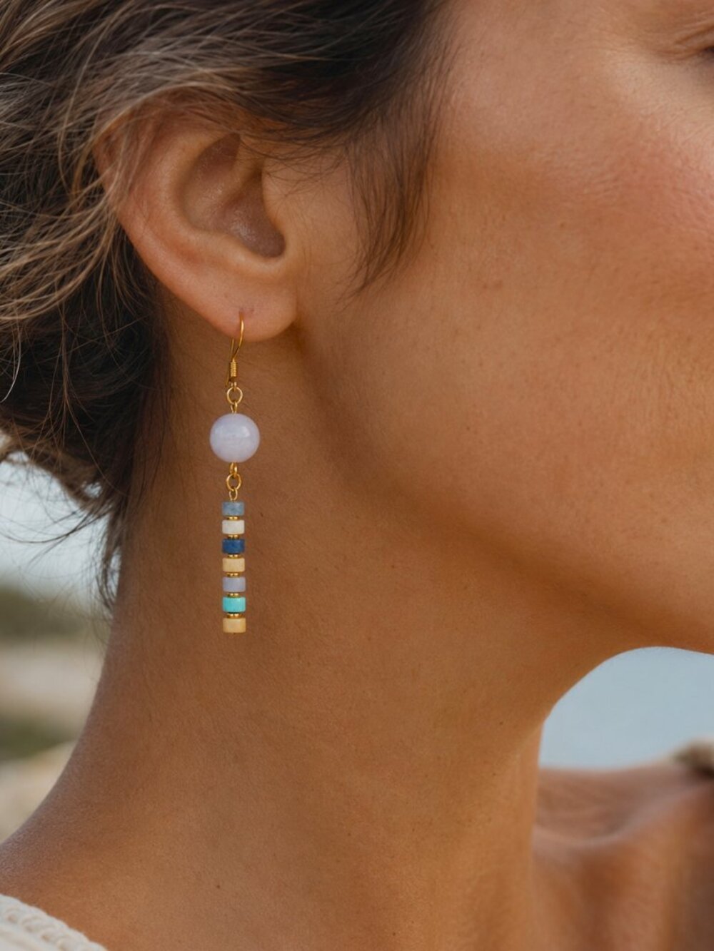 Coastal Aquamarine Turquoise Earrings – Boho Gold Dangles, Beachy Handmade - Picture 3 of 7